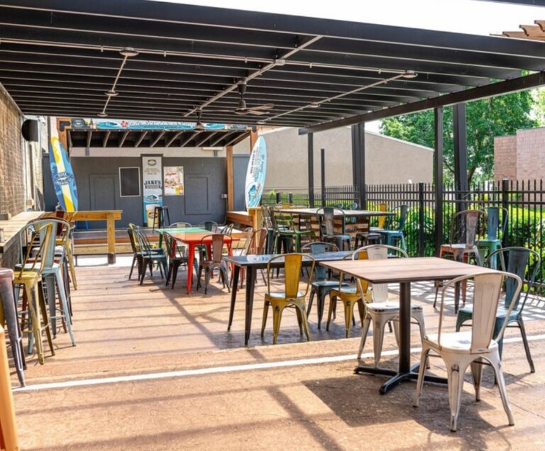 outdoor patio with tables and chairs