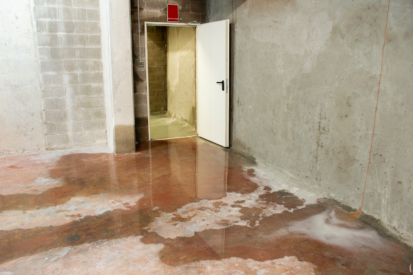 a photo of a basement with concrete walls, a doorway, and wet floors